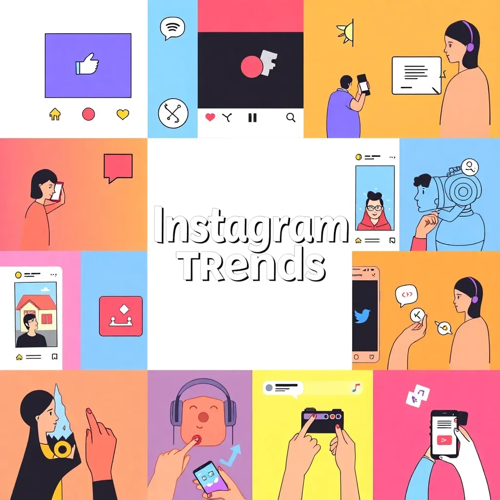 Collage von Instagram-Trends mit Video-Animationen und KI-Icons