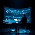 Futuristischer Komponist interagiert mit KI-generierter Musik