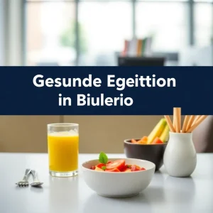 Gesunde Büromahlzeit mit buntem Salat, Obst und Vollkornbrot