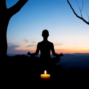 Person meditiert am See bei Sonnenaufgang