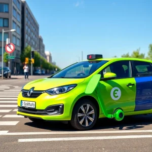 Abstrakte Visualisierung der vernetzten Sharing-Mobilität in einer modernen Stadtlandschaft